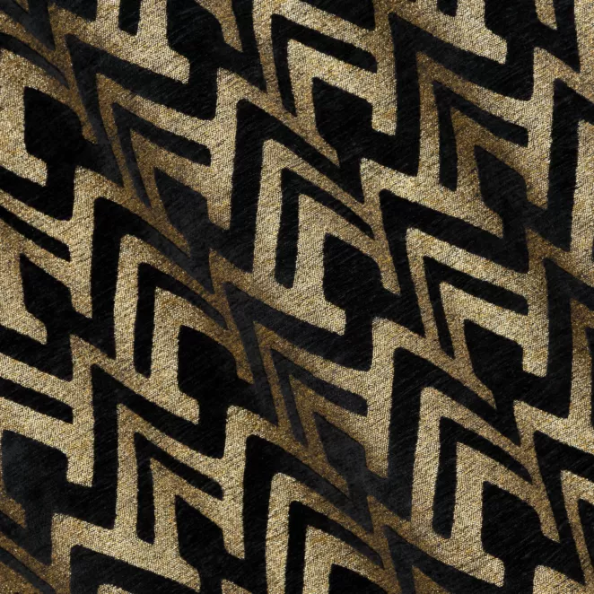 R166/6 Zasłona szyta na taśmie 5 cm czarno złota z szenilowej tkaniny w geometryczny wzór przetykany błyszczącą nicią