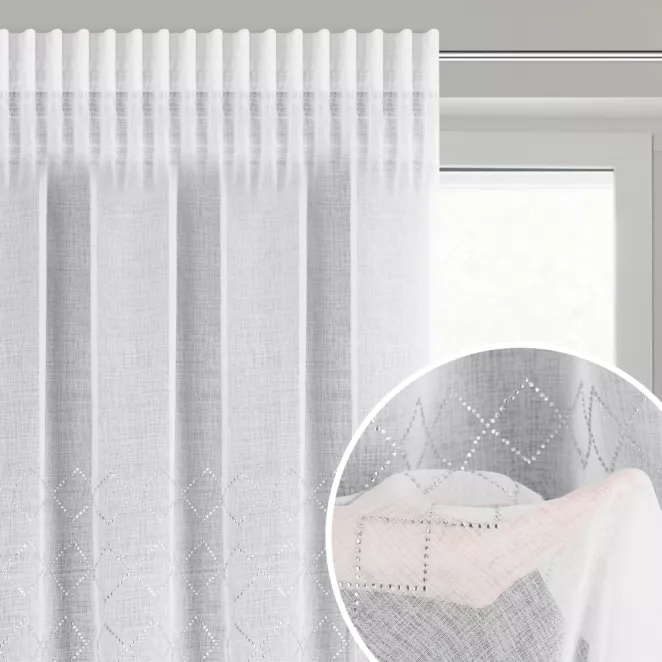 Firana biała z delikatnej etaminy zdobiona błyszczącym pasem kryształków 140x270 cm taśma KLOE