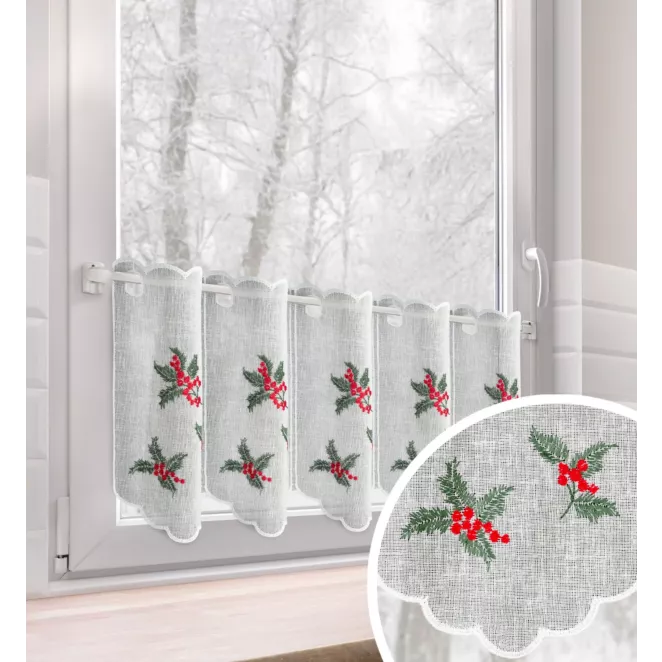 Tkanina firanowa zazdrostka z etaminy zdobiona świątecznym haftem z motywem ostrokrzewu