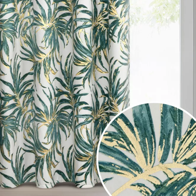 Zasłona biało, zielona z welwetu zdobiona podwójnym nadrukiem z złotymi akcentami 140x250 cm przelotka - ALENA
