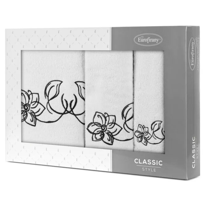 Zestaw ręczników bawełnianych na prezent 3 szt kolor biały, czarny z haftem uroczych kwiatów 400 g/m2 LILA