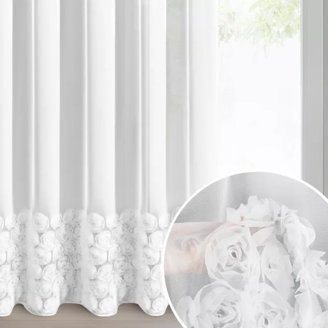Firana biała z siateczki zdobiona aplikacją 3D w róże 350x270 cm taśma - ROSES3 - Eva Minge