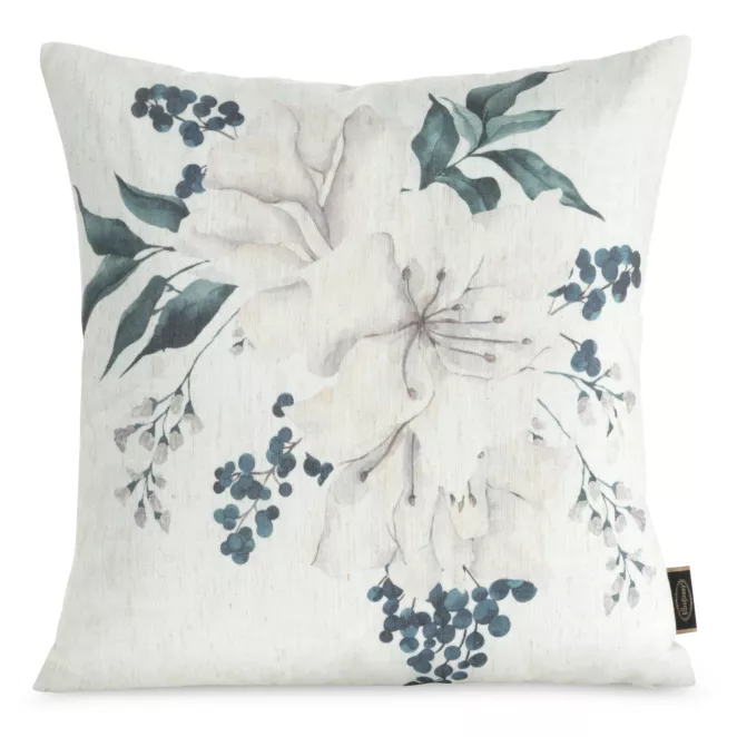 Poszewka na poduszkę 45x45 cm o strukturze lnu nadrukiem subtelnych kwiatów beżowo, zielona LEN