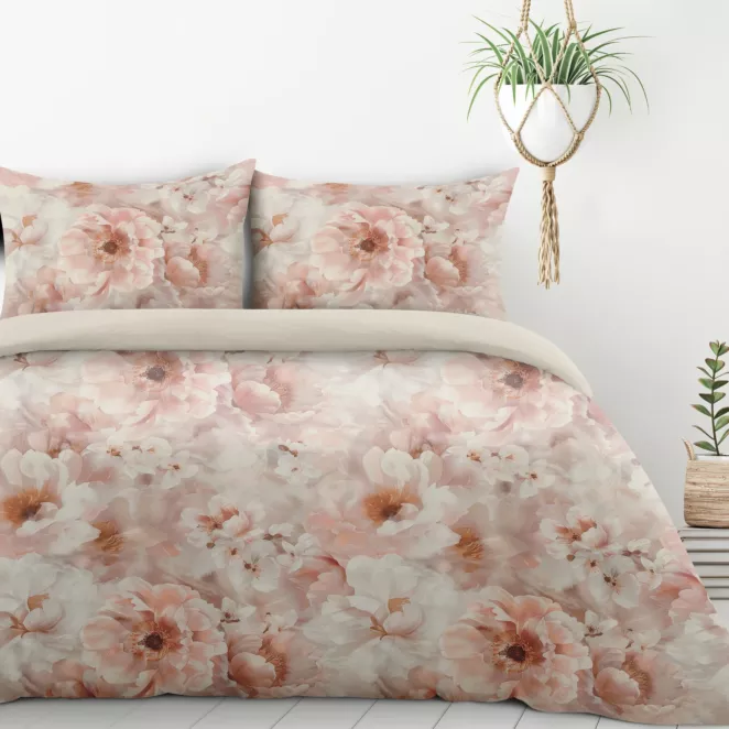 Pościel 140x200 cm komplet 2 częściowy kolor biało, pudrowy z motywem okazałych kwiatów FLORINA Design 91