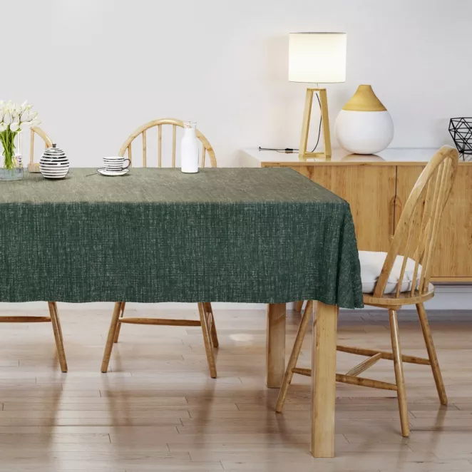Obrus szyty zielony z szenilowej tkaniny z dodatkiem połyskującej nici