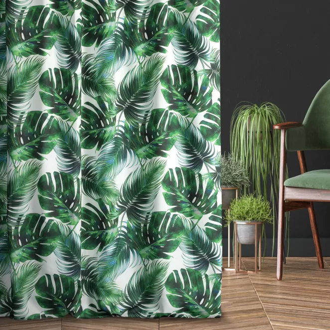 Zasłona szyta na taśmie 5 cm GABI naturalno zielona z tkaniny o naturalnym splocie z botanicznym wzorem