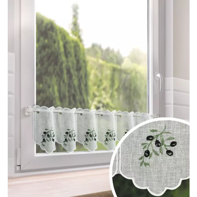 Tkanina firanowa zazdrostka z etaminy zdobiona haftem oliwek