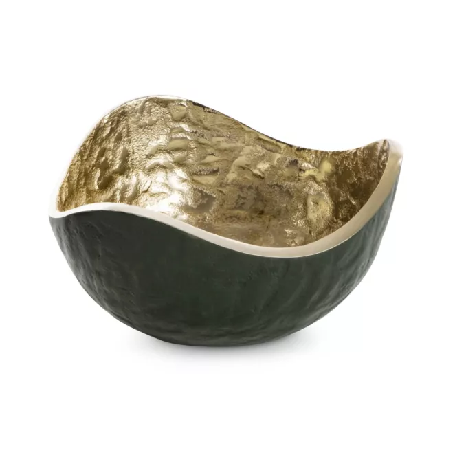 Metalowa misa PEDRO o falujących brzegach zielono-złota