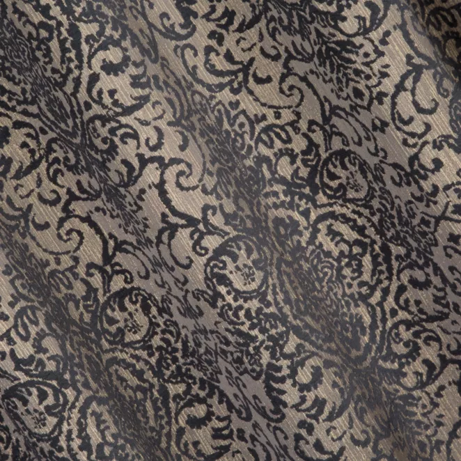 R195/5 Zasłona szyta na taśmie 5 cm grafitowo złocista z połyskującej tkaniny zdobionej eleganckim wzorem Pierre Cardin