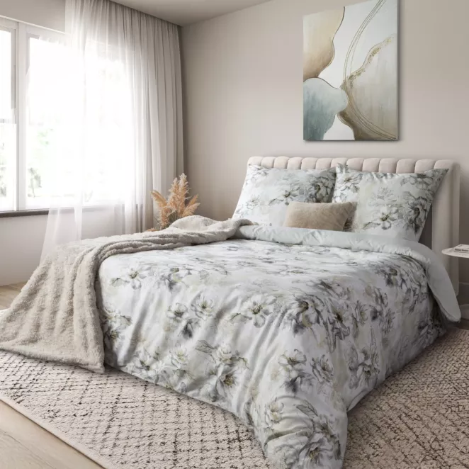 Pościel 220x200 cm satyna bawełniana kolor jasnobeżowy, jasnoszary z wzorem roślinnym SPRING 73