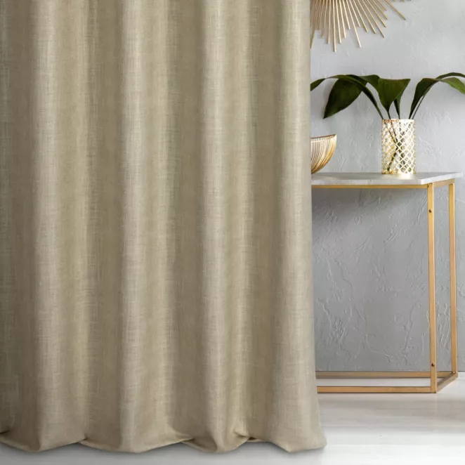 Zasłona szyta na taśmie 5 cm złoto złocista z tkaniny o luźnym splocie, z połyskliwym nadrukiem w stylu glamour Italissima Eva Minge