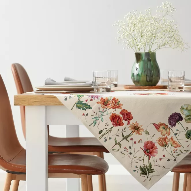 Obrus naturalno, czerwony 100x100 cm gobelinowy z motywem kwiatowym