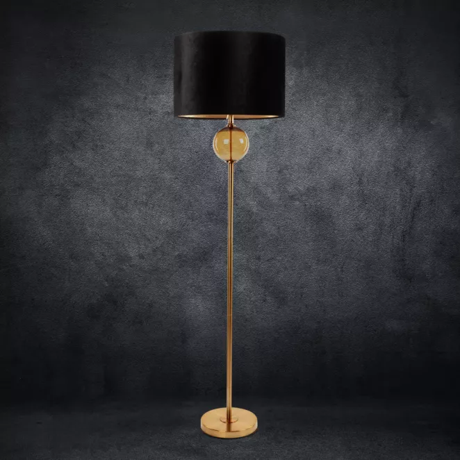 Lampa stojąca do pokoju czarno, złota LEONA z welwetowym abażurem