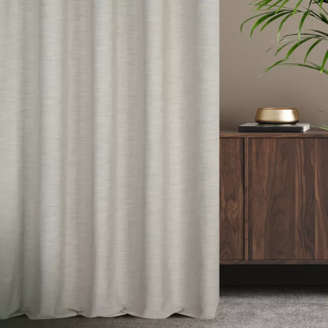 Zasłona szyta na flexach szarobeżowa z tkaniny z dodatkiem lnu, z melanżowym splotem ekologiczna