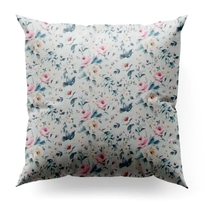 Poszewka szyta jasnokremowo turkusowa z tkaniny o naturalnym splocie z nadrukowanym kwiatowym wzorem