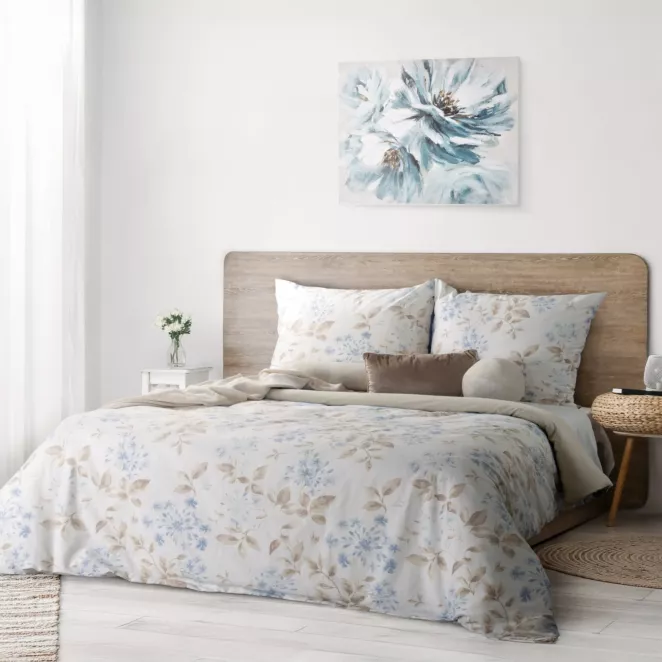 Pościel 140x200 cm komplet 2 częściowy z bawełny kolor kremowy, jasnoniebieski z motywem kwiatów JASMINA