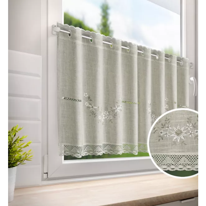 Zazdrostka beżowa z etaminy zdobiona haftowanymi kwiatami 150x60 cm oczka VERONICA