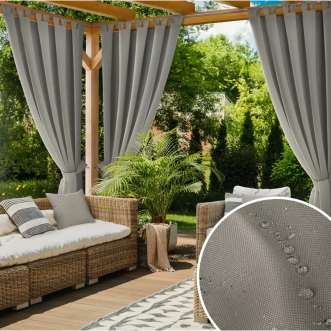 Zasłona srebrna z wodoodpornej tkaniny idealna do ogrodu i na taras 155x240 cm szelki/rzep GARDEN 2