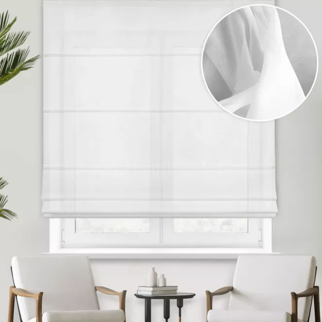 Roleta rzymska biała półprzezroczysta, z matowego woalu, o niestandardowej wysokości 360cm, wykończona obciążnikiem