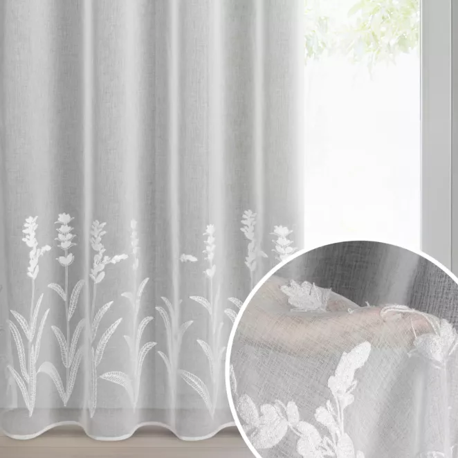 Firana biała z etaminy zdobiona haftem roślinnym 140x250 cm przelotka - TONYA