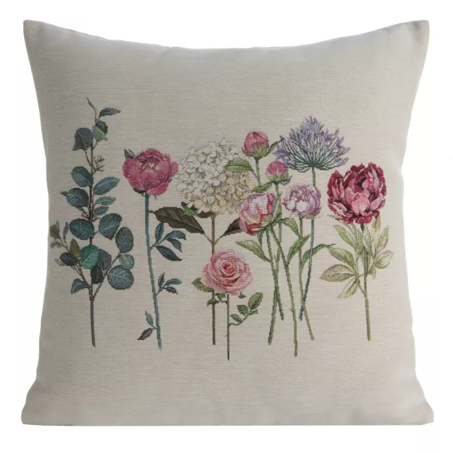 Poszewka na poduszkę 45x45 cm bawełniana, gobelinowa naturalno, różowa z tkanym motywem letnich kwiatów GOB