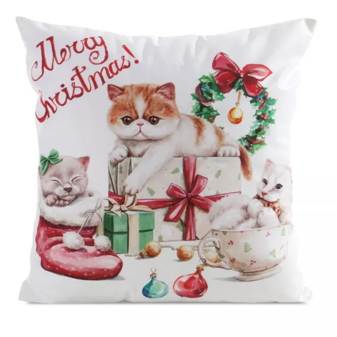 Poszewka na poduszkę świąteczna 45x45 cm biało, czerwona zdobiona nadrukiem uroczego kotka