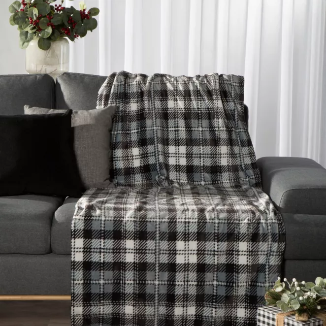 Koc akrylowy 150x200 cm stalowo, biały z motywem kraty SANTA