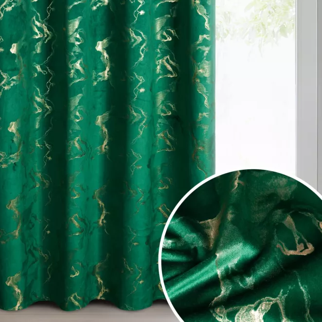 Zasłona ciemnozielono, szampańska welwetowa zdobiona błyszczącym nadrukiem 140x250 cm przelotka - RAJA