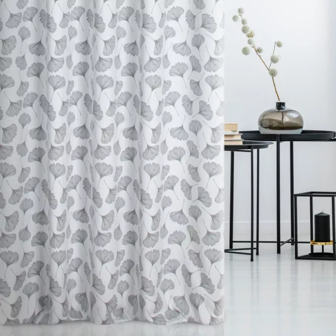 Tkanina zasłonowa z nadrukiem w liście miłorzębu, miękka w dotyku