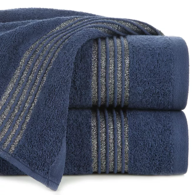 Ręcznik kąpielowy 70x140 cm bawełniany kolor granatowy zdobiony paseczkami przeszywanymi błyszczącą nicią 500 g/m2 LILA