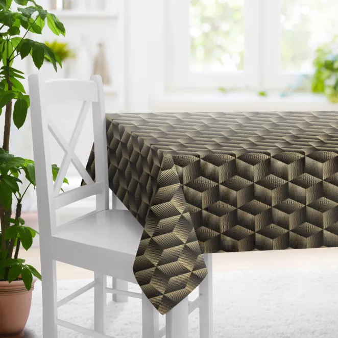 Obrus szyty czarno złocisty z tkaniny welwetowej zdobionej delikatnie połyskującym drukiem