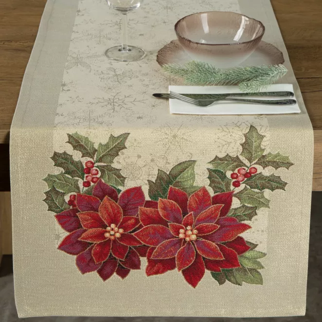 Bieżnik na stół złoto, czerwony 50x110 cm gobelinowy z motywem gwiazdy betlejemskiej, przetykany złotą nicią