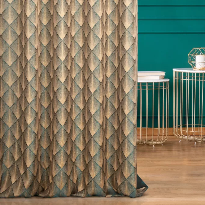 Zasłona szyta na taśmie 5 cm turkusowo złota z tkaniny w elegancki geometryczny wzór z błyszczącą nicią