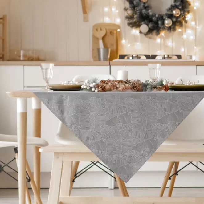 Bieżnik na stół srebrno, biały 85x85 cm ISLA z żakardowym wzorem liści bananowca