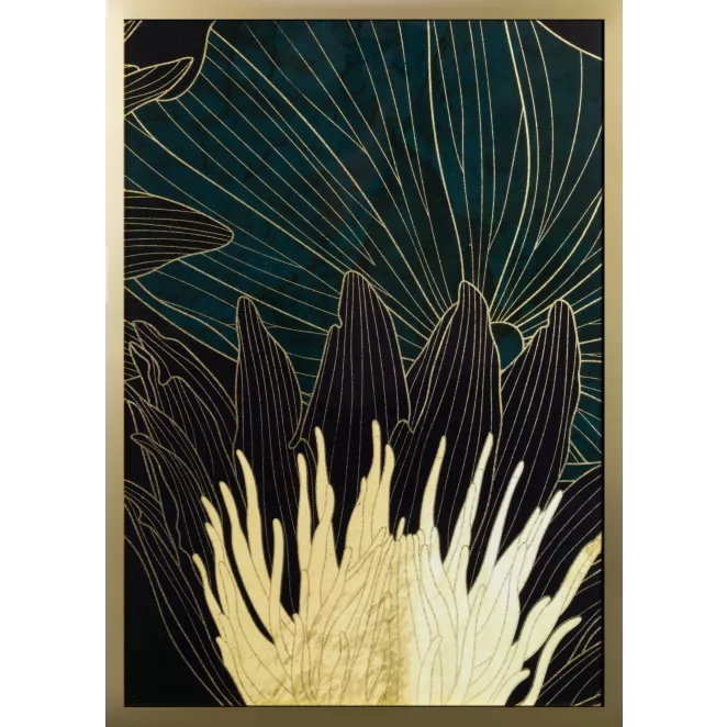 Obraz z nadrukiem liści i kwiatów w złotej ramce