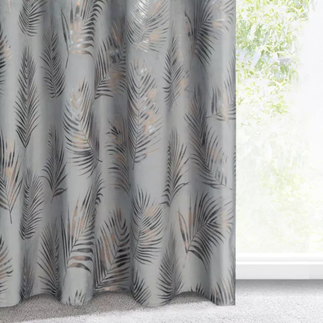 Zasłona welwetowa stalowo, szampańska z błyszczącym nadrukiem palmowych liści 140x300 cm taśma - GLORIA