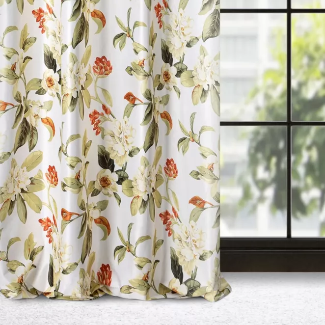 Zasłona biało, oliwkowa w kwiaty z tkaniny welwetowej 140x250 cm przelotka ALEA