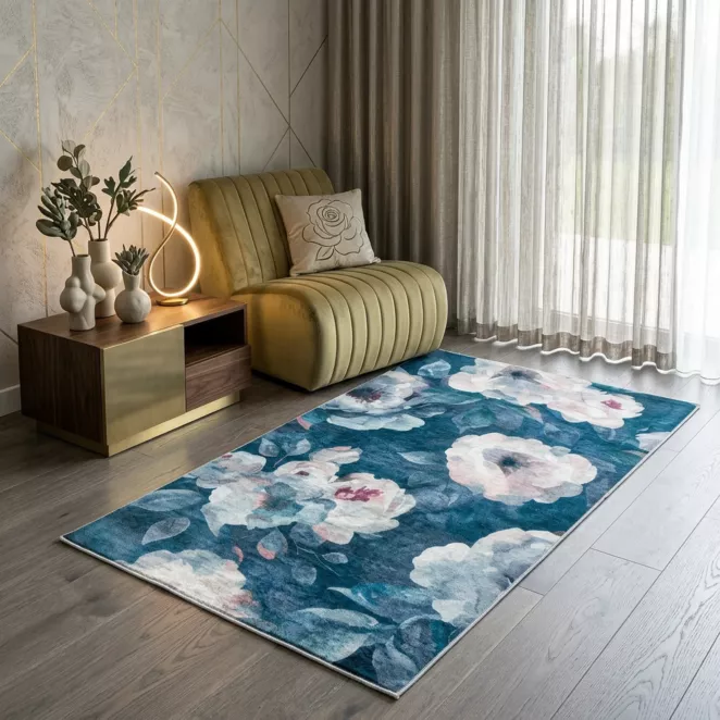 Dywan 80x140 cm ciemnoniebiesko, pudrowy z motywem kwiatu róży LOTUS 5