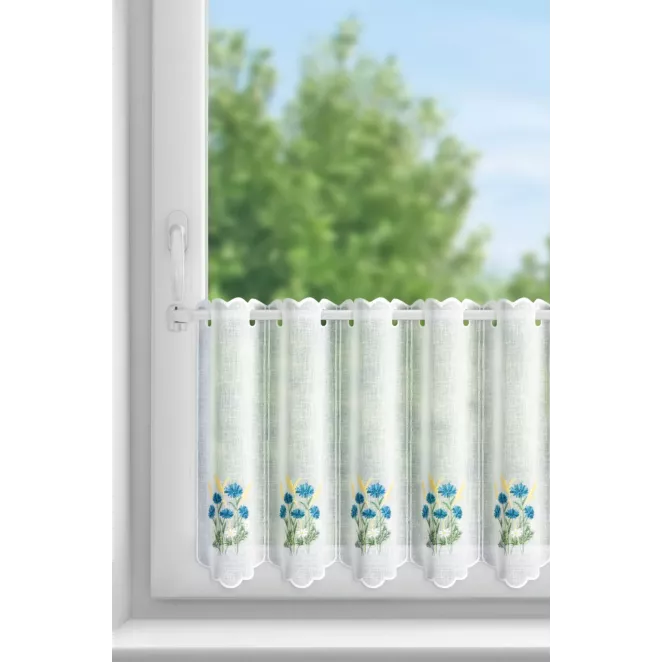 Tkanina firanowa zazdrostka zdobiona haftem polnych drobnych kwiatuszków