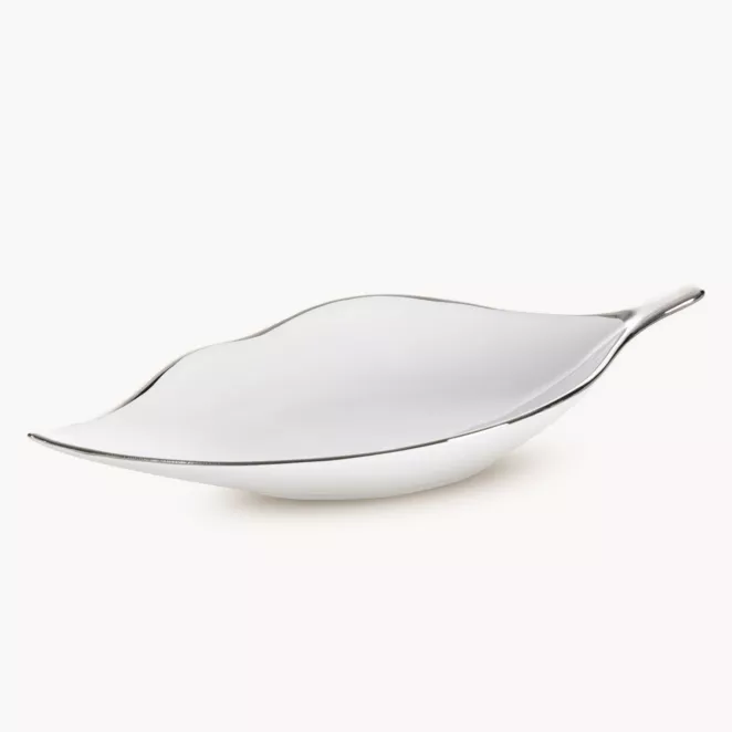 Patera ceramiczna biało-srebrna  w kształcie liścia 13x30x5 cm ABBI