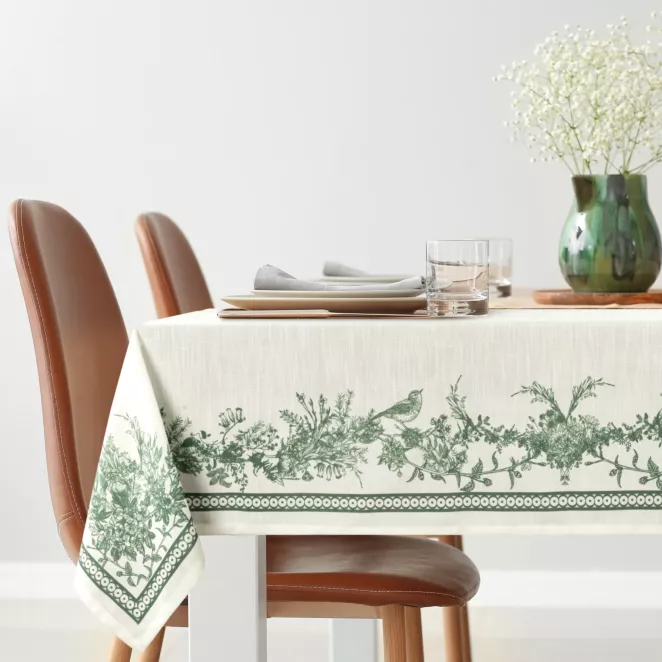 Obrus na stół  140x220 cm naturalno, zielony  z wzorem roślinnym SUMMER14 - kolekcja FOREST SUMMER