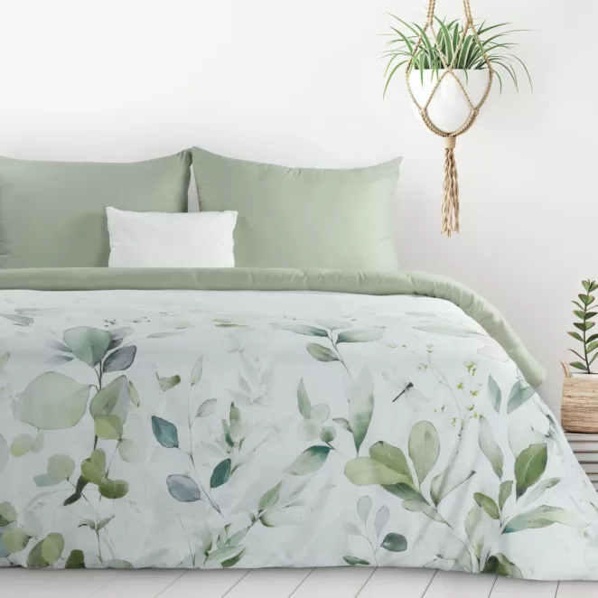 Pościel 140x200 cm kolor biały, oliwkowy z motywem liści VERANO design 91