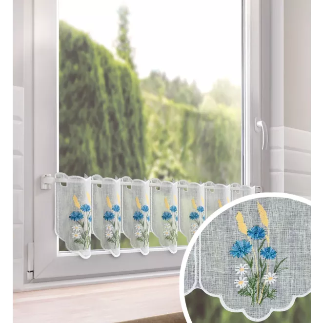 Tkanina firanowa zazdrostka zdobiona haftem polnych drobnych kwiatuszków