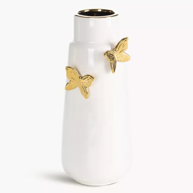 Wazon dekoracyjny kremowo, złoty zdobiony uroczymi motylami 14x12x31 cm ASTRID