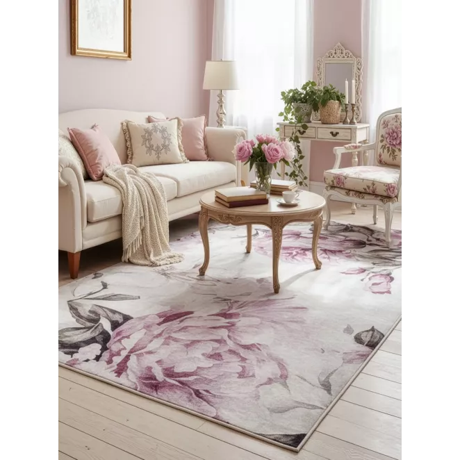 Dywan 50x80 cm różowo, kremowy z motywem kwiatu peonii LOTUS 2