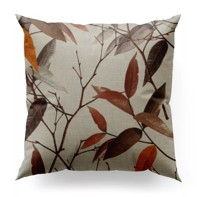 Poszewka szyta brązowo kremowa z tkaniny o naturalnym splocie z dodatkiem lnu, zdobionej nadrukiem w kształcie liści