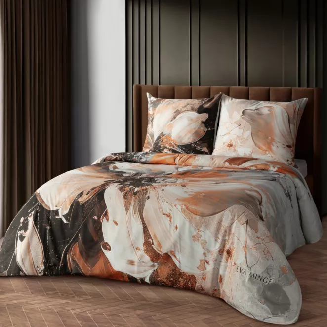Pościel 160x200 cm z makosatyny bawełnianej kolor rudy, jasnoszary z designerskim nadrukiem ASMARA Eva Minge
