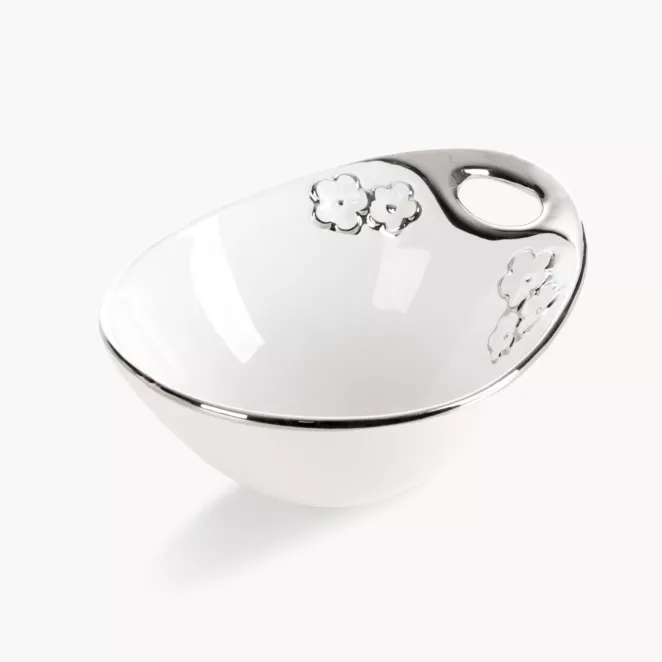 Misa dekoracyjna biało, srebrna zdobiona metalicznymi kwiatami 18x14x8 cm ARIANA