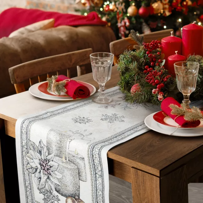 Bieżnik na stół popielato, srebrny 40x100 cm gobelinowy zdobiony wzorem świątecznym