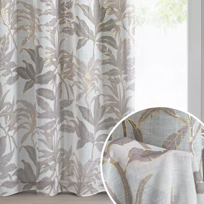 Zasłona biała z półprzeźroczystej tkaniny zdobiona błyszczącym nadrukiem 135x250 cm złota przelotka - ANELI